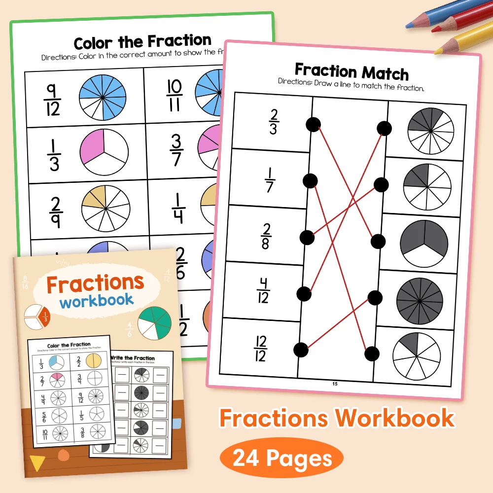 Cuaderno de ejercicios de aprendizaje de fracciones, material didáctico aritmético para grados 3-4, escuela primaria, entrenamiento cognitivo de matemáticas