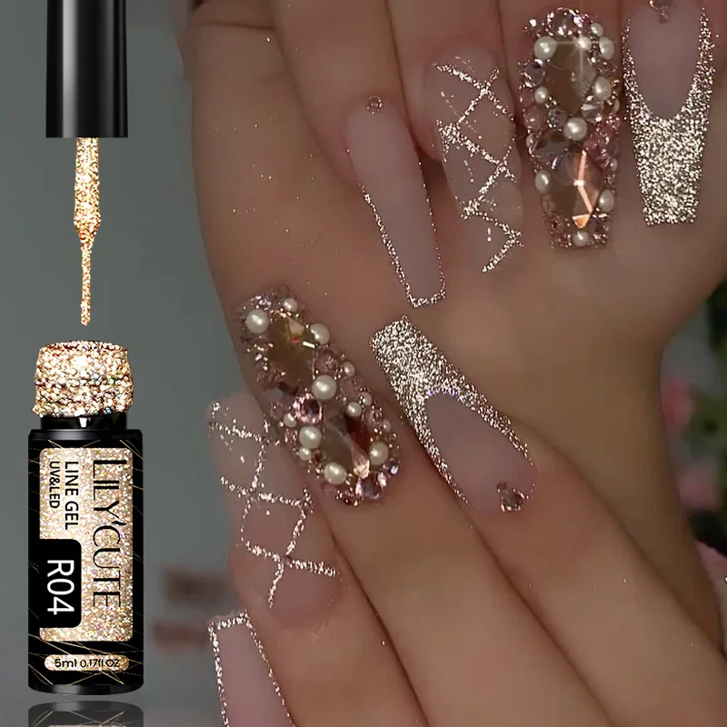 LILYCUTE 5ML brillante champán dorado delineador de uñas en Gel estilo francés brillo reflectante línea de tracción Graffiti raya Gel