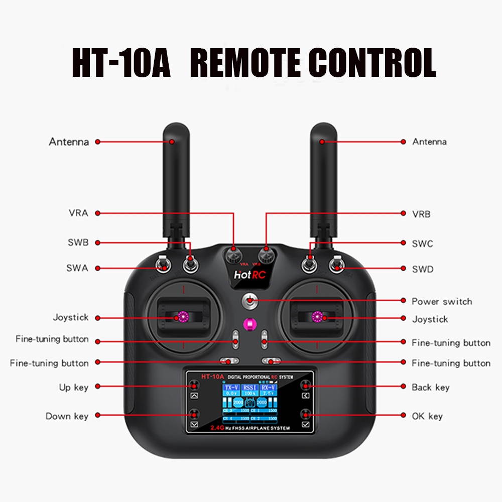 HT-8A de Control remoto Hotrc/transmisor HT-10A 2,4G 8CH / 10CH 4,5-9V PWM FHSS con receptor F-08A para barco de coche de Avión