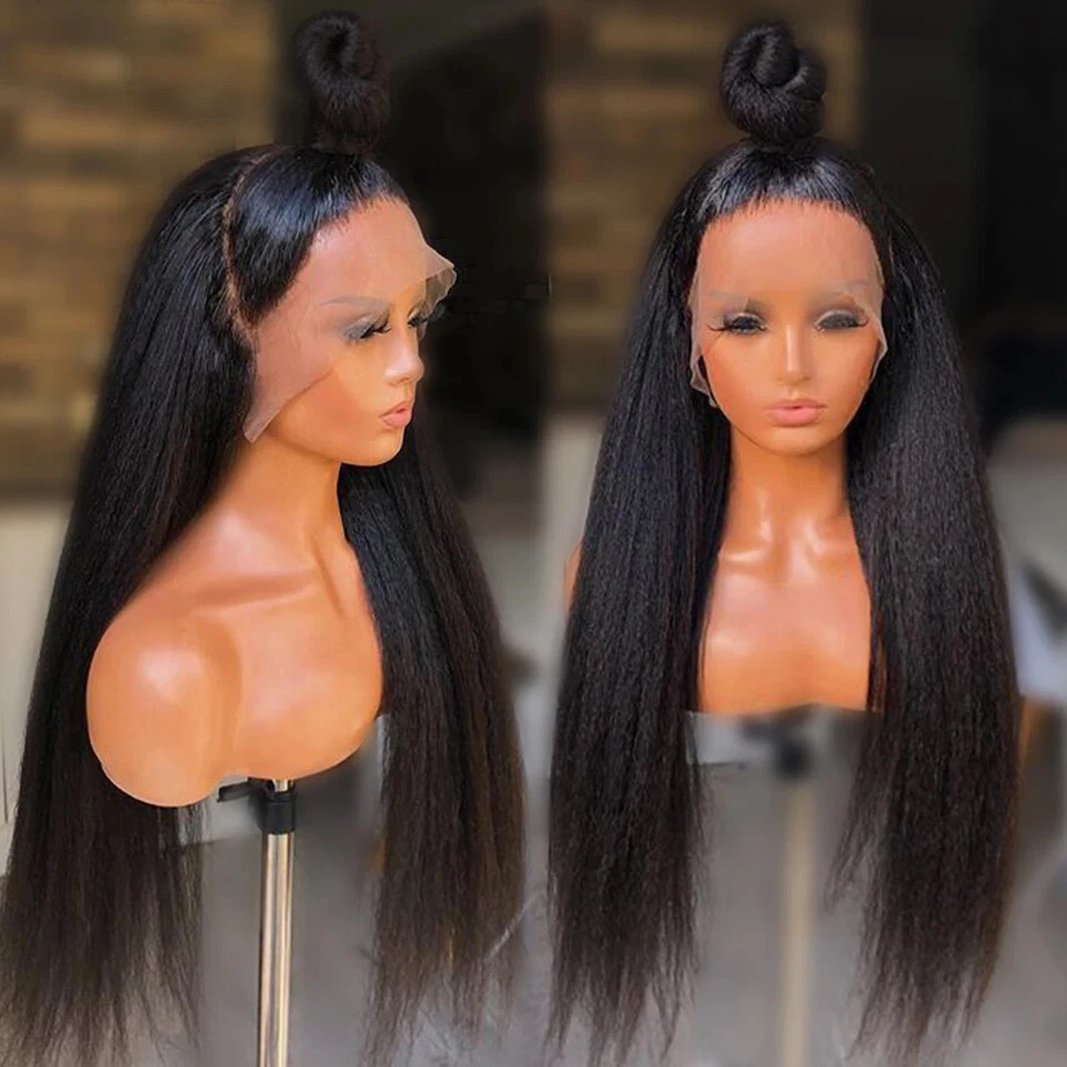 วิกผมแท้แบบ 360 Lace Front ทรงผมตรงแบบหยิก วิกผมหน้าผาก 360 สำหรับผู้หญิงผิวสี ขนาด 30 40 นิ้ว ความหนาแน่น 180% วิกผมแท้แบบ 360 Full Lace ทรงผมตรงแบบ Yaki พร้อมผมเบบี้แฮร์ สีธรรมชาติ