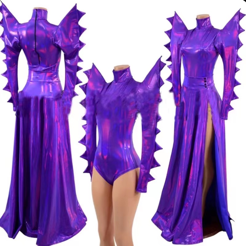 Discothèque Ds Dj Gogo porter pôle danse tenue Drag Queen Costume Sexy violet Laser exagéré épaule body robe