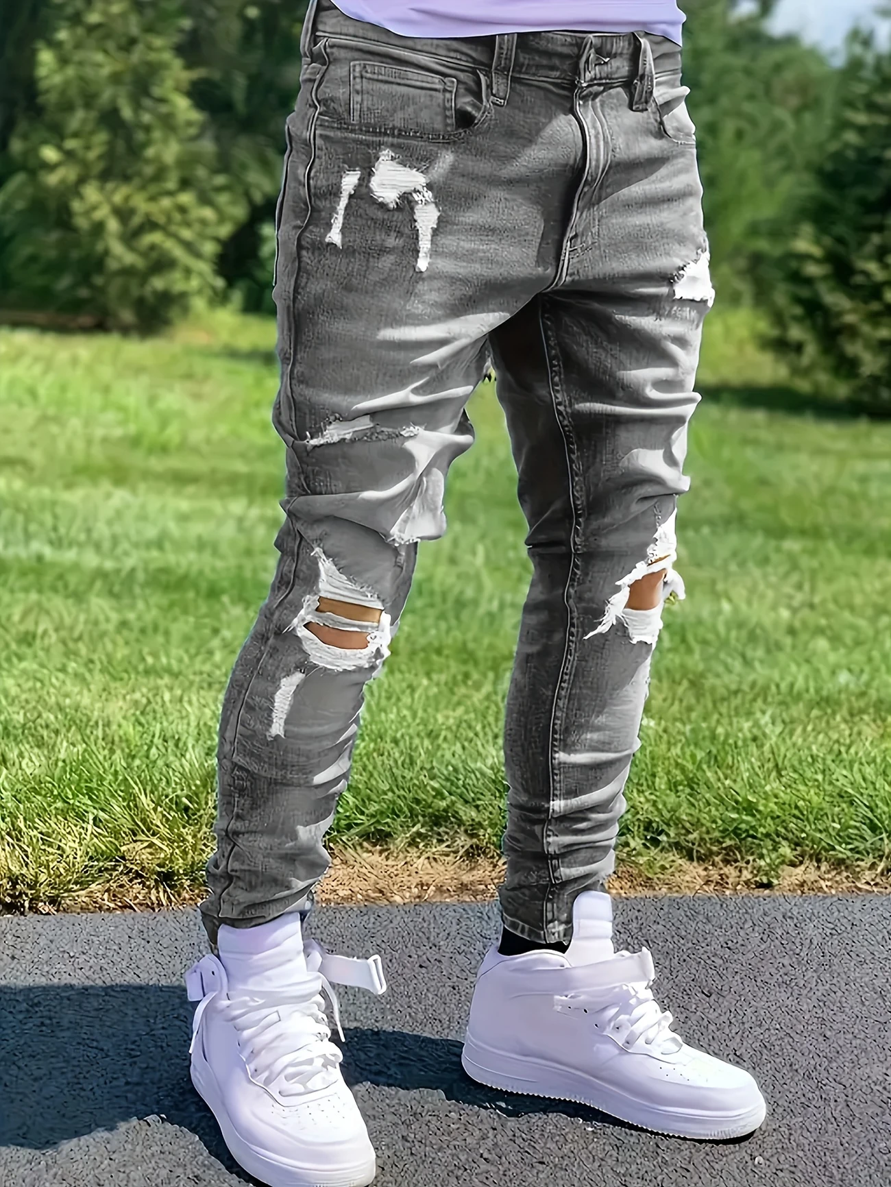 Męskie dżinsy slim fit z przetarciami, wygodne, elastyczne spodnie dżinsowe do noszenia na co dzień.