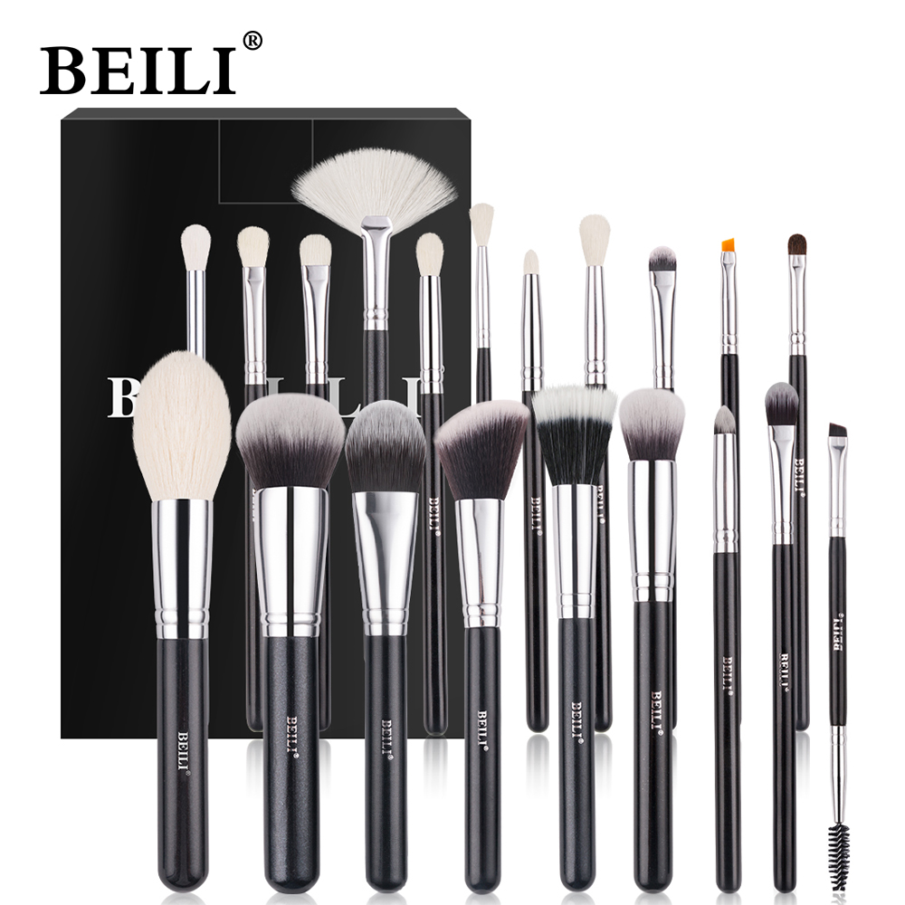 Beili conjunto de pincéis de maquiagem pretos, pincéis profissionais de cabelo de cabra natural, base, pó, contorno, sombra, pincéis de maquiagem