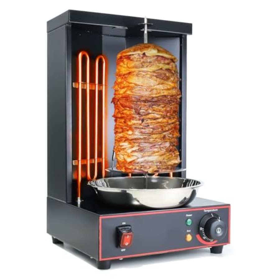 Vertikaler Rotisserie-Schawarma-Grill Trompo für Tacos Al Pastor: Edelstahl schwarz, 360° gleichmäßige Erwärmung und einstellbare Geschwindigkeit