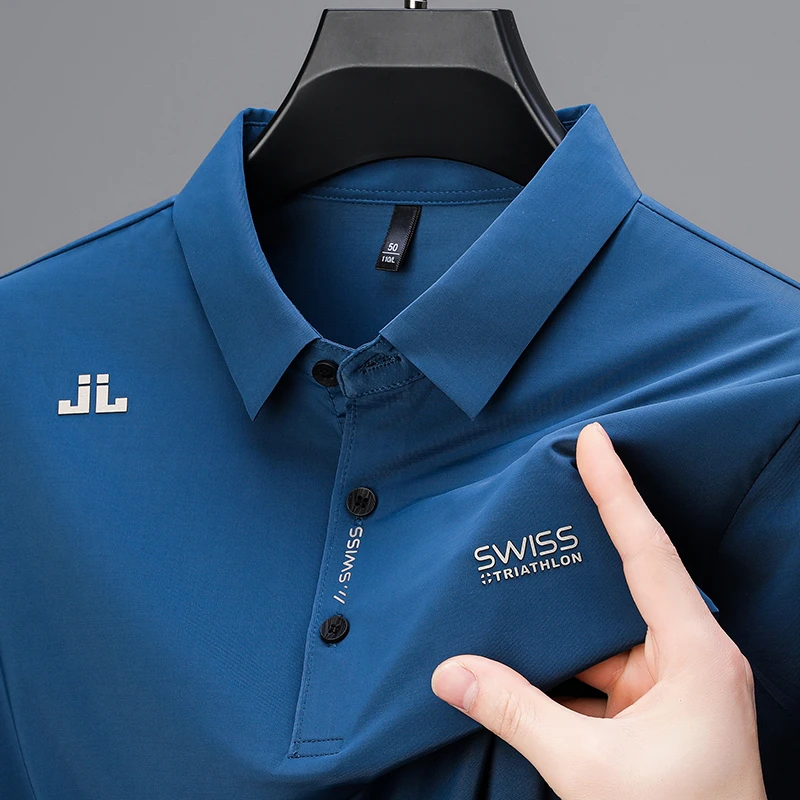 Novo negócio masculino casual camisa de manga curta com emblema cor sólida camisa polo moda respirável confortável versátil topo