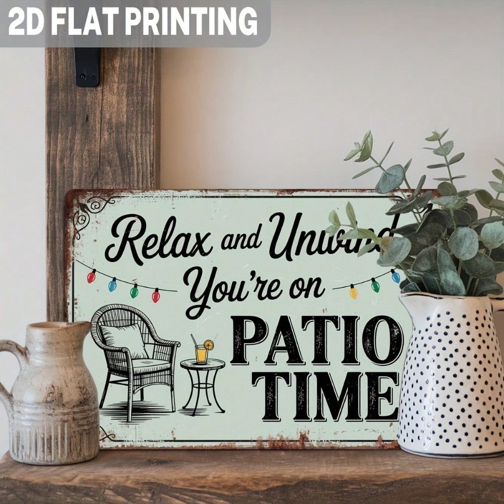 Vintage Relaxing Patio Metal Sign with String Lights, Rustic Wall Art for Outdoor Garden Decor
