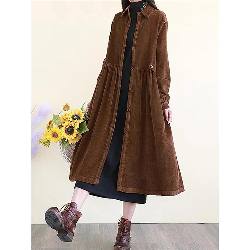 Women's Fashion Corduroy Trench Coat New Spring Autumn Winter Windbreaker Outerwear Single Breasted Buckle Casual Length Coat
