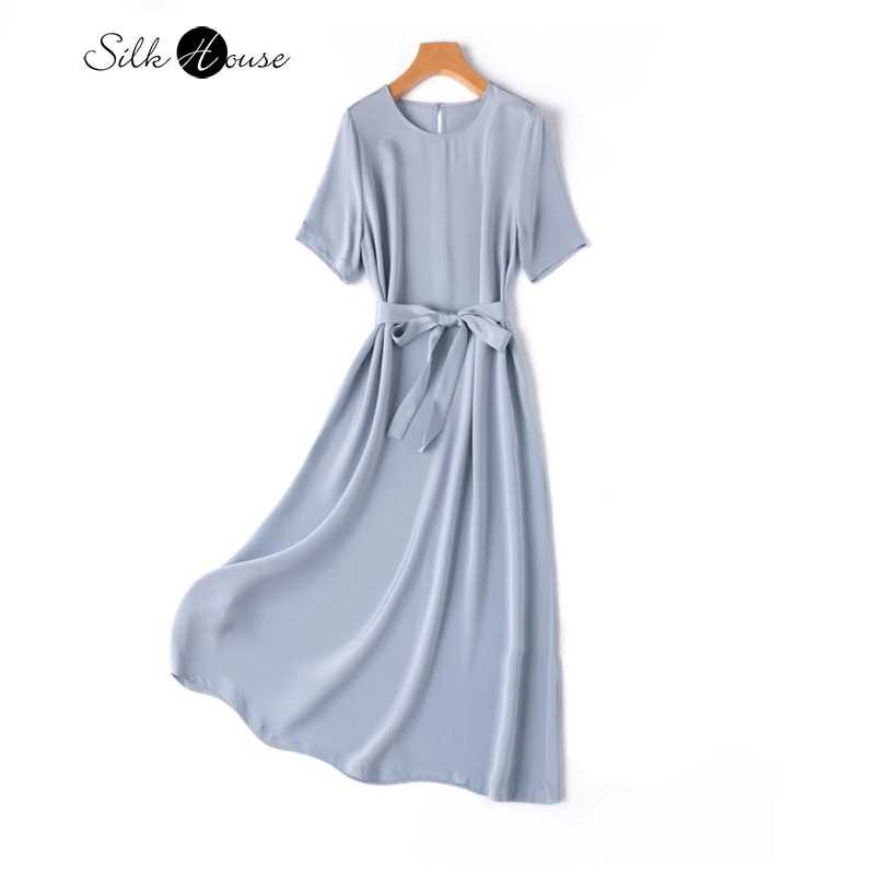Nouvelle Robe Femme Été 2026 en Soie de Mûrier Naturelle à 93% (26MM), Élastique, Froissée, Col Rond, Manches Courtes, Coupe Droite Mi-longue