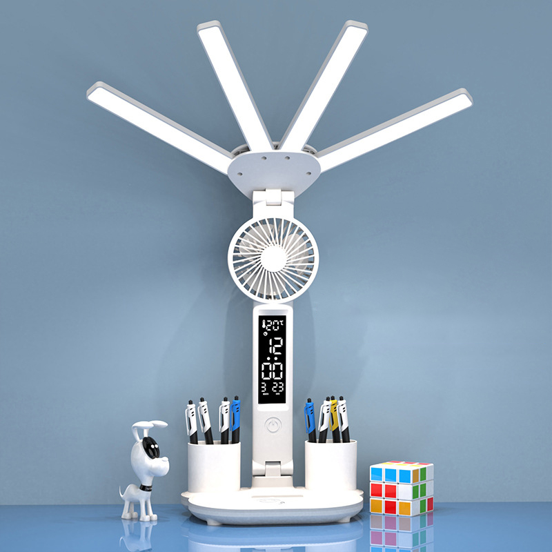 Ładowalna lampa stołowa do nauki, lampa biurkowa Lampka do czytania Lampka stołowa LED z wentylatorem, lampka do czytania z wyświetlaczem zegara LED