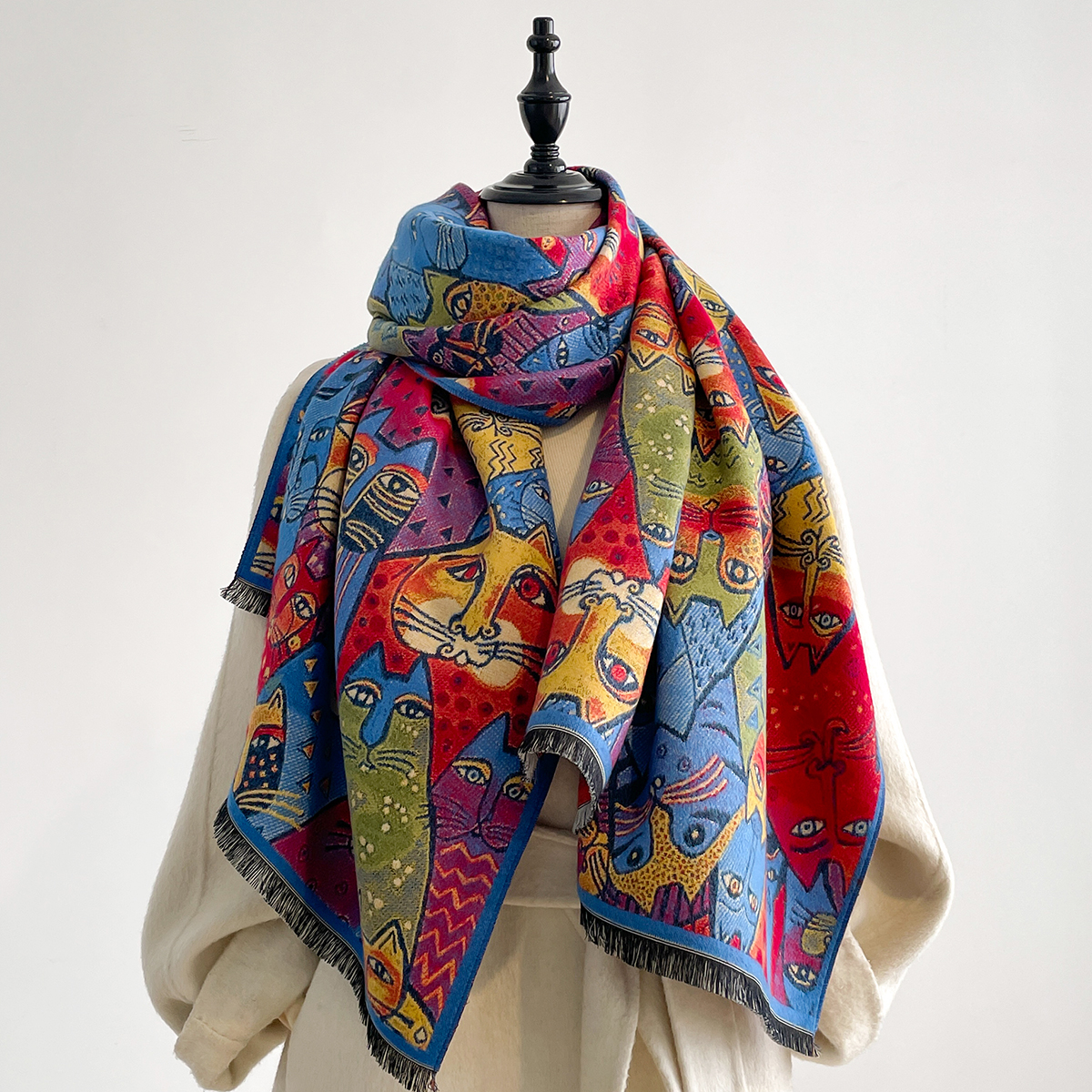 Luxe Winter Kasjmier Kleurrijke Kitten Ontwerp Sjaal Vrouwen Warme Pashmina Deken Poncho Sjaals Vrouwelijke olieverfschilderij Sjaal Bufanda