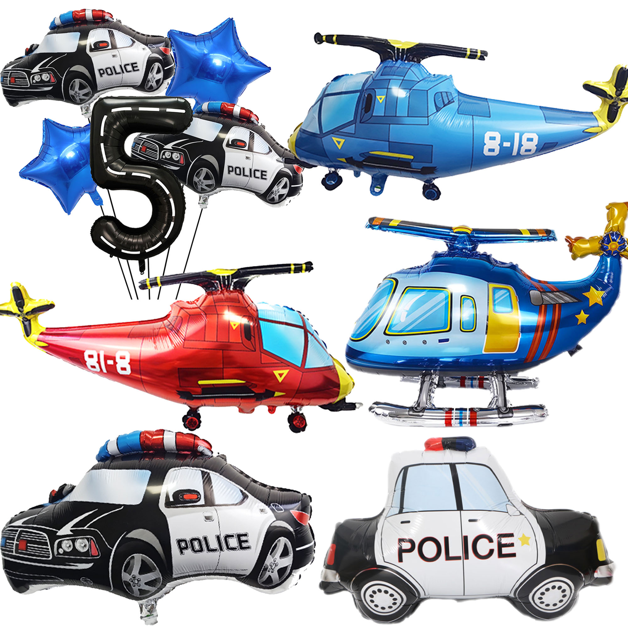 5. Geburtstag Polizei Party Blau Auto Hubschrauber Folienballons für Jungen Babyparty Polizei Geburtstag Party Dekoration