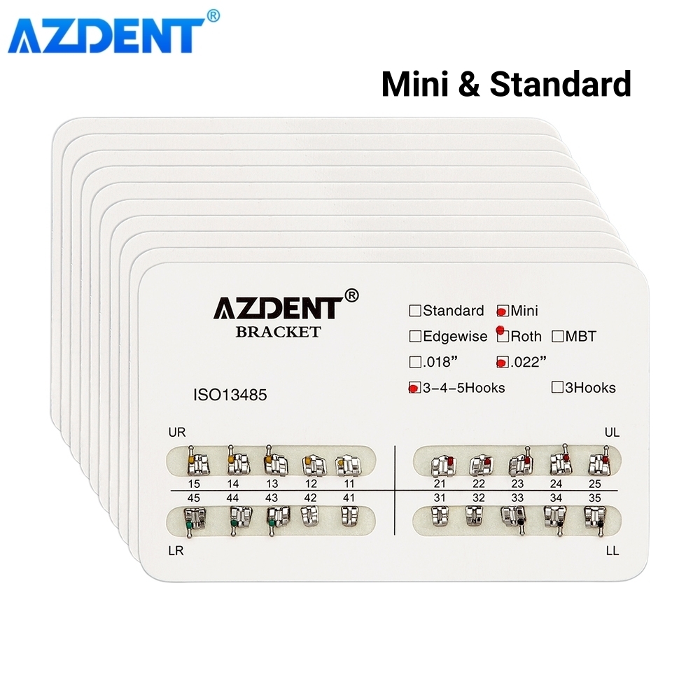 AZDENT 10 パック歯科ブラケット矯正ブレース金属ミニ標準 Roth MBT スロット 0.022 0.018 フック 3-4-5 20 個あたりパック