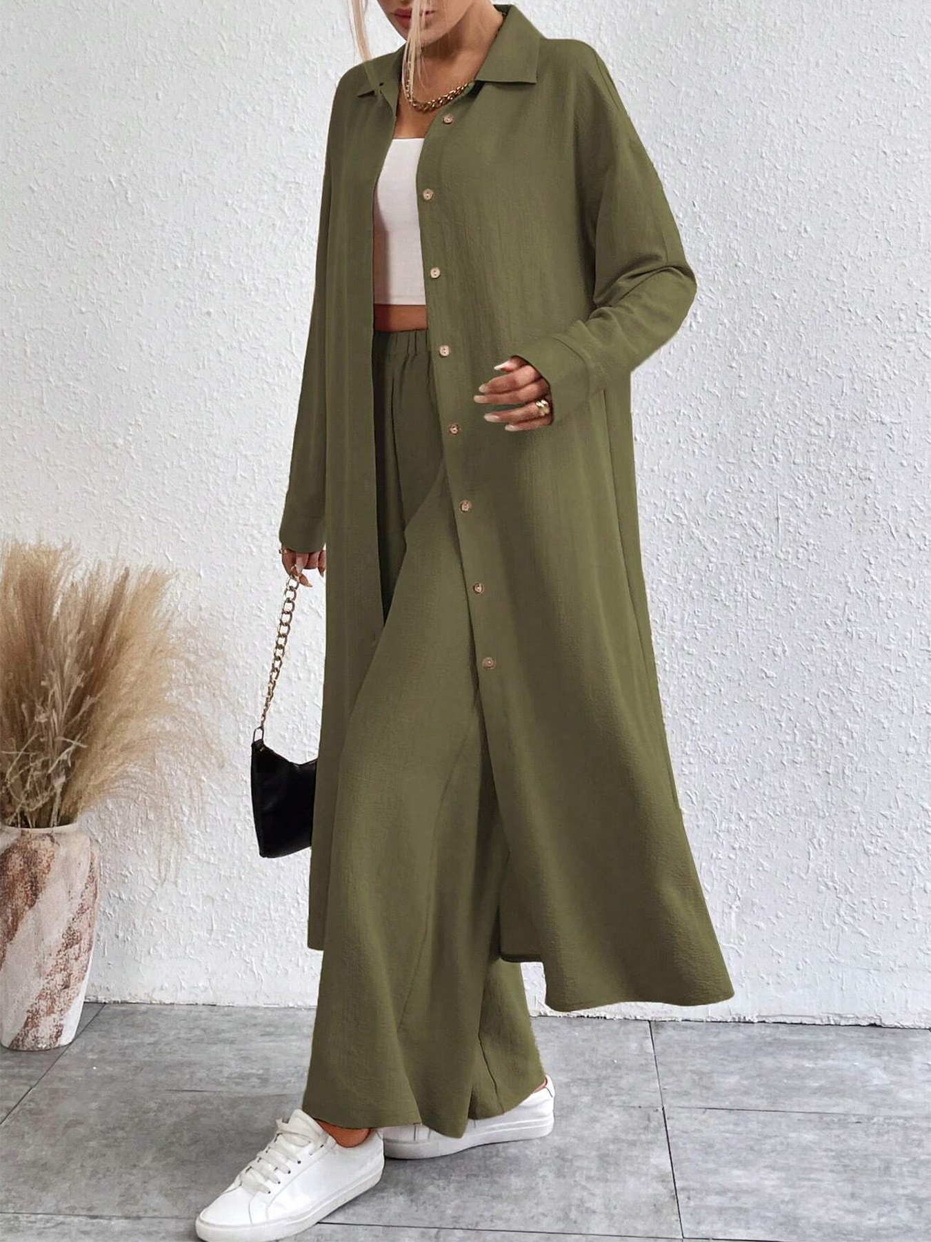 Dames Franse stijl effen kleur casual shirt met lange mouwen, verlaagde schouder, loszittende reverskraag en broek met wijde pijpen