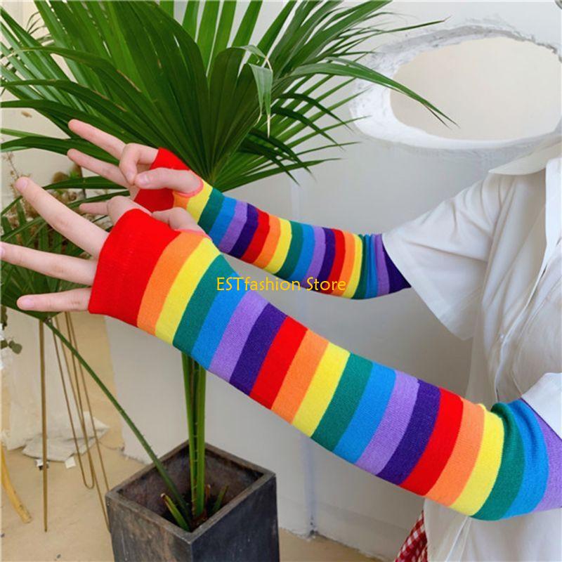 Y5GC Women Harajuku Elbow Length Fingerless Arm Sleeve Warmer Rainbow Colored Striped Knit Sunscreen Halloween Costume Gloves