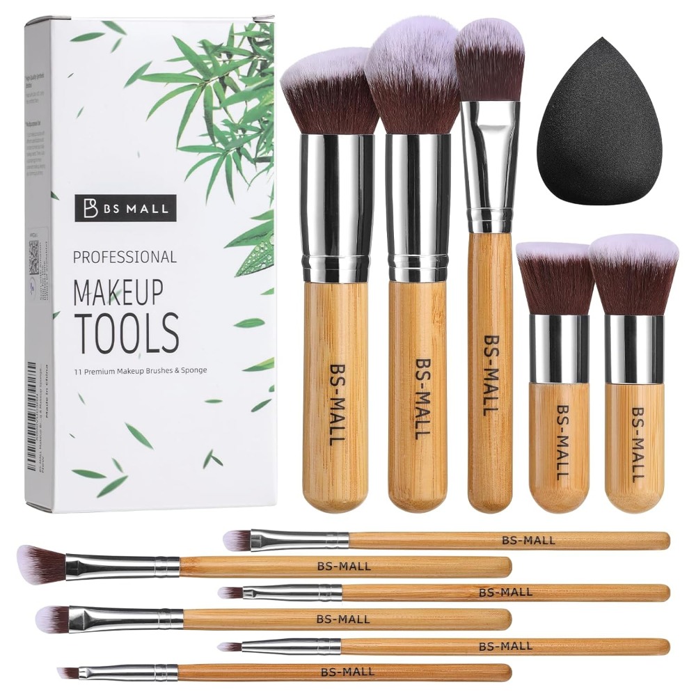 BS-MALL ensemble de pinceaux de maquillage 11 pièces bambou synthétique Kabuki ensemble de pinceaux fond de teint poudre mélange correcteur ombres à paupières Blush cosmétique