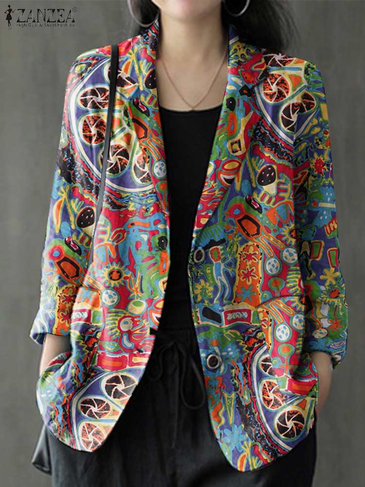 แฟชั่นฤดูใบไม้ร่วง ZANZEA ผู้หญิงลําลองแขนยาวพิมพ์ Outwears บาง Blazer ฤดูใบไม้ผลิฤดูร้อนผ้าฝ้ายเสื้อทํางานเสื้อ