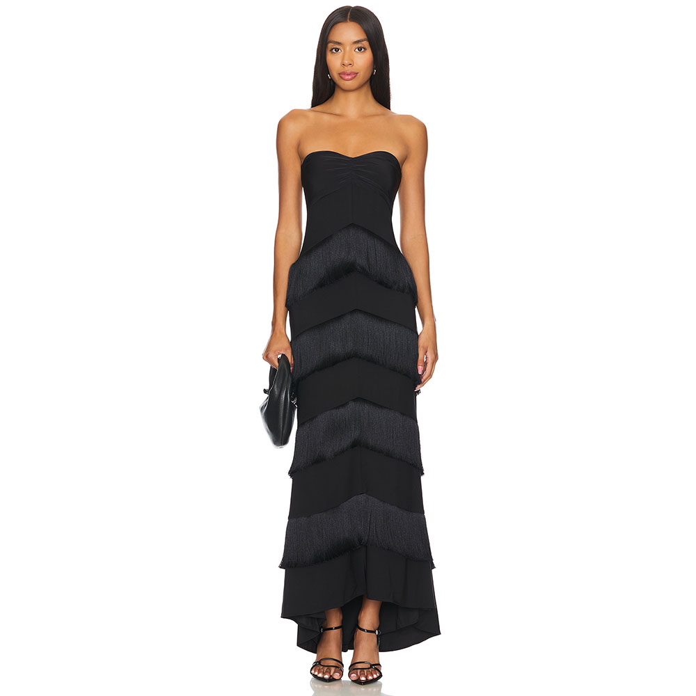 Modern Black Evening Gown Strapless Mermaid Formal Women's Evening Dress Tassel Trumpet Floor Length  Party Dress Long