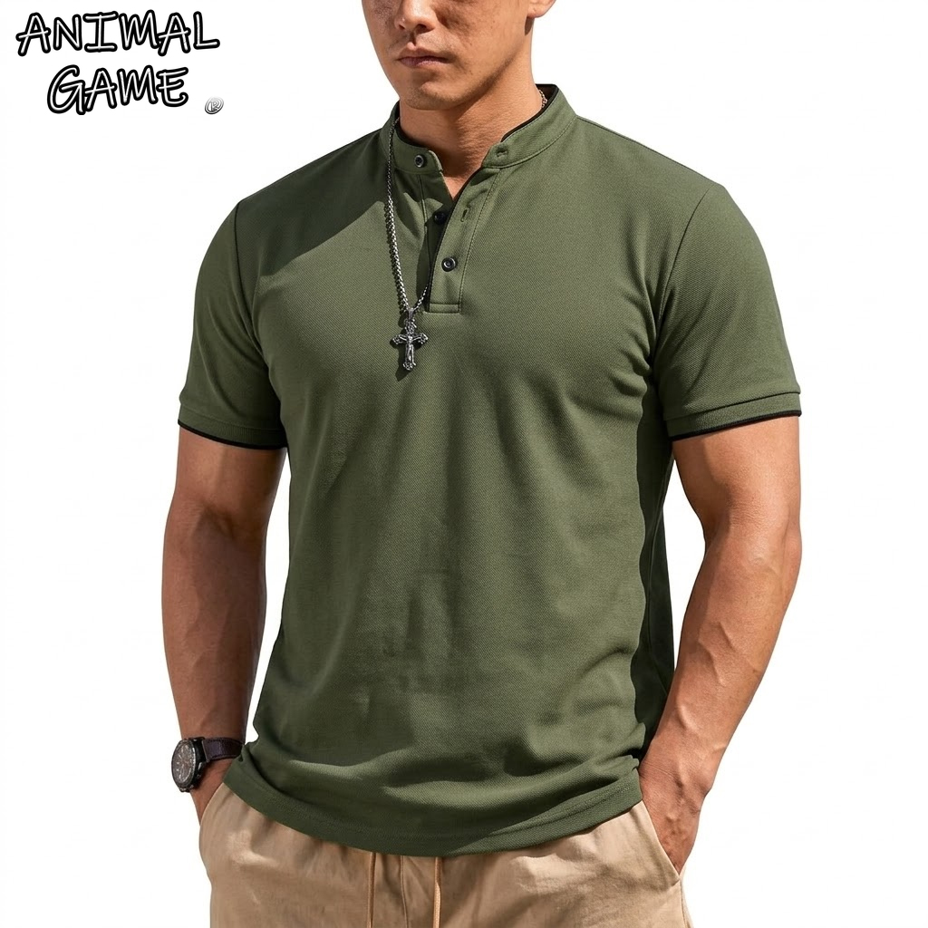 Kaos Henley Lengan Pendek Musim Panas Pria, Kaos Polo Kancing, Kaos Tanpa Kerah Klasik untuk Pria, Kaos Hiking Mewah Bernapas, Kaos Gym