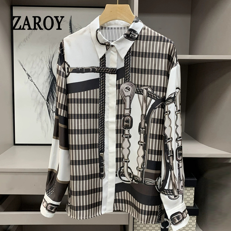 ZAROY S-4XL Luksusowe Koszule Damskie z Nadrukiem Vintage, Markowy Design, Damska Koszula 2026 Nowa z Długim Rękawem, Eleganckie Bluzki z Klapami, Eleganckie Koszule Biurowe OL