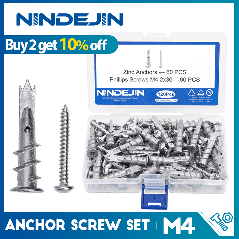 NINDEJIN 120 pièces/ensemble ancre auto-perceuse en alliage de Zinc mur creux cloison sèche ancre avec ancre à vis pour tenture murale