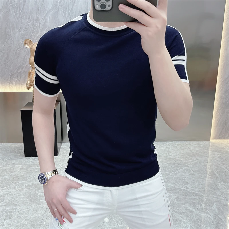 Sommer gestrickt gestreiftes T-Shirt für Männer elastische Eis Seide Kurzarm Rundhals-T-Shirt Slim Fit Casual Business T-Shirts M-4XL