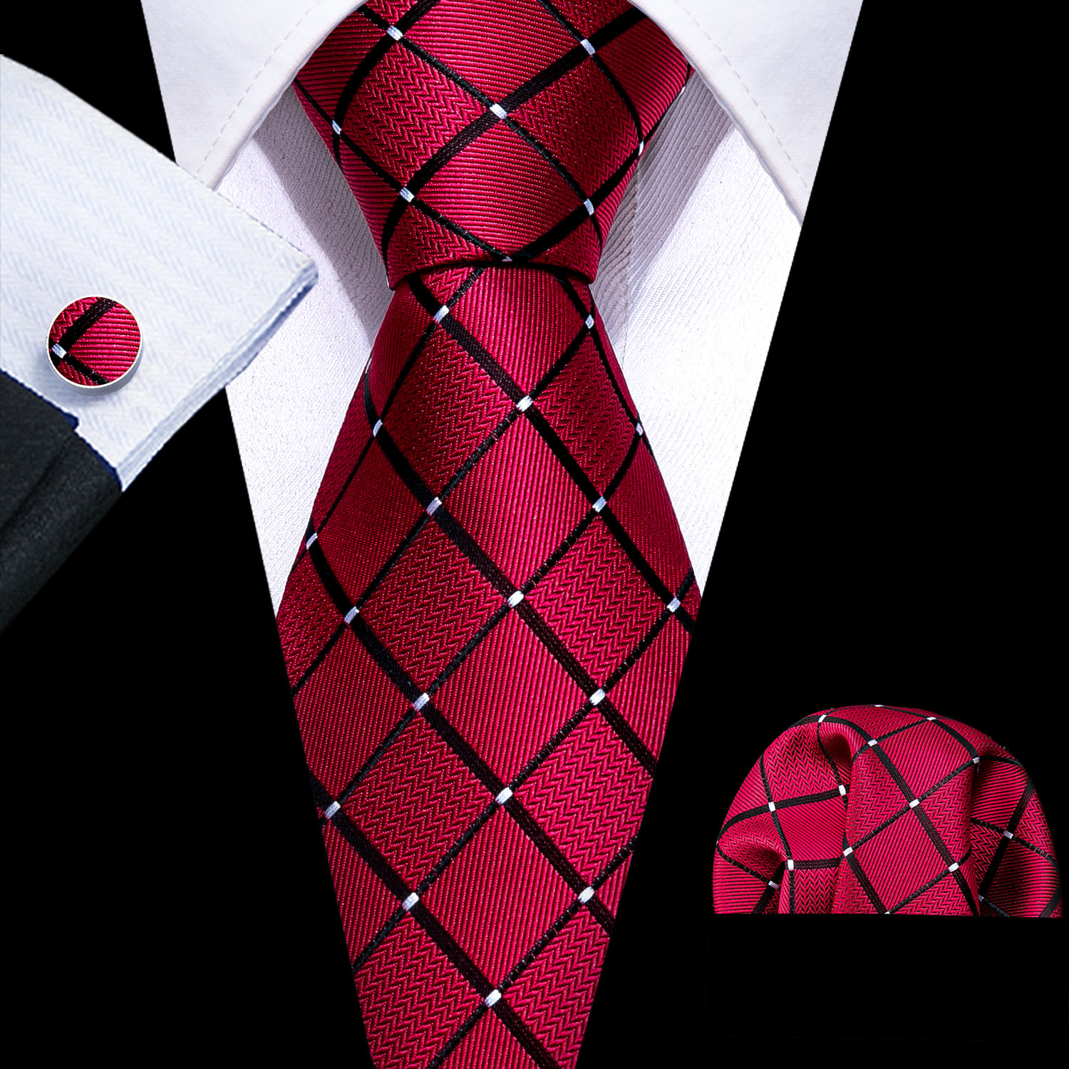 Mode Rode Geruite Mannen Stropdas Set 8.5Cm Zijden Jacquard Stropdassen Bruiloft Zakdoek Manchetknoop Stropdas Set Barry.Wang FA-6011