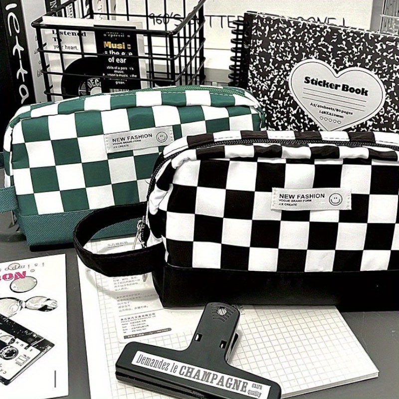 1Pcs Classic Checkerboard Pen Bag Large Capacity Student Checker Storage Bag Portable Multifunction Stationery Storage Bag