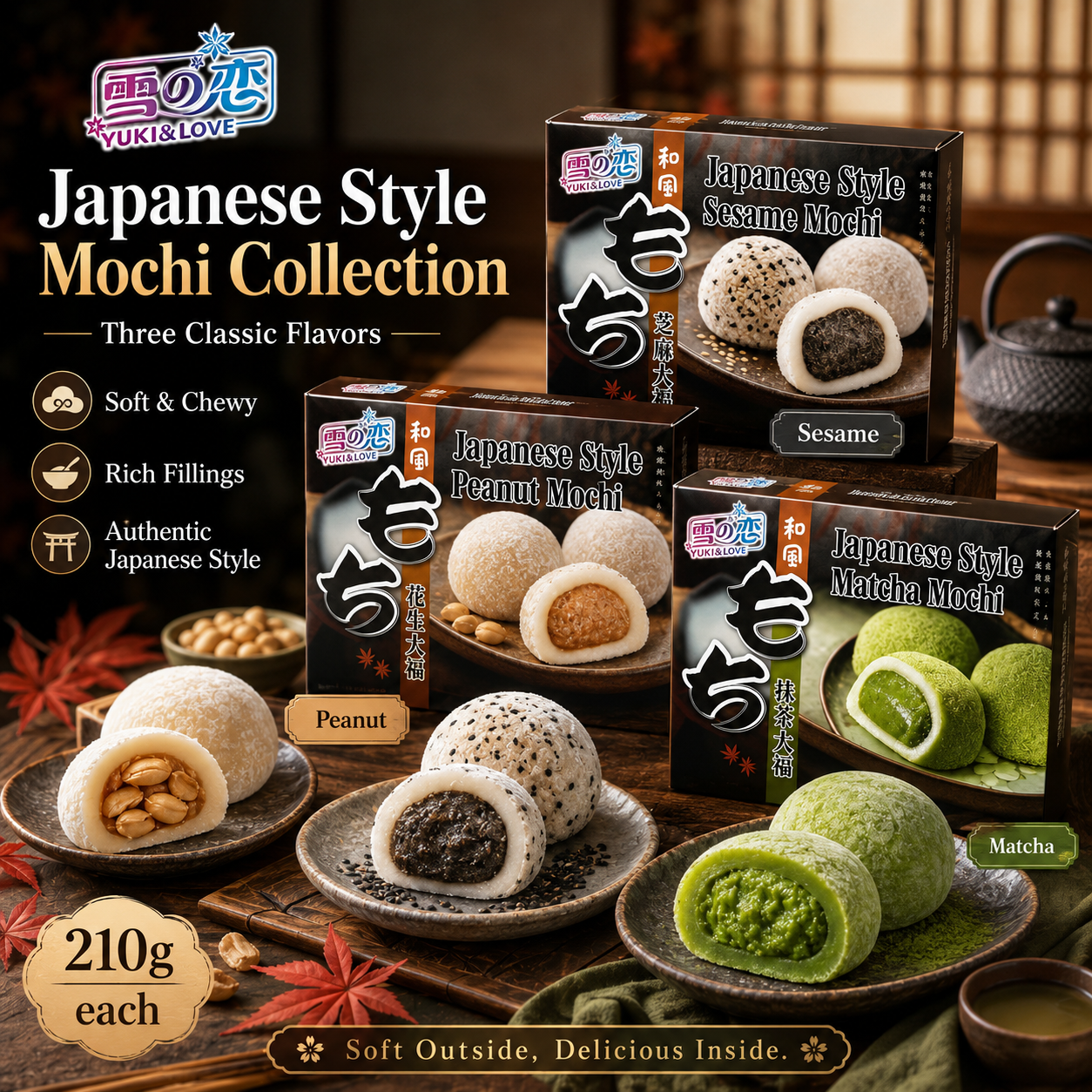 Mochi de Gergelim Estilo Japonês, Caixa de Sobremesas Tradicionais Daifuku, Snack de Bolo de Arroz com Recheio de Gergelim Autêntico, Peso Líquido 210g