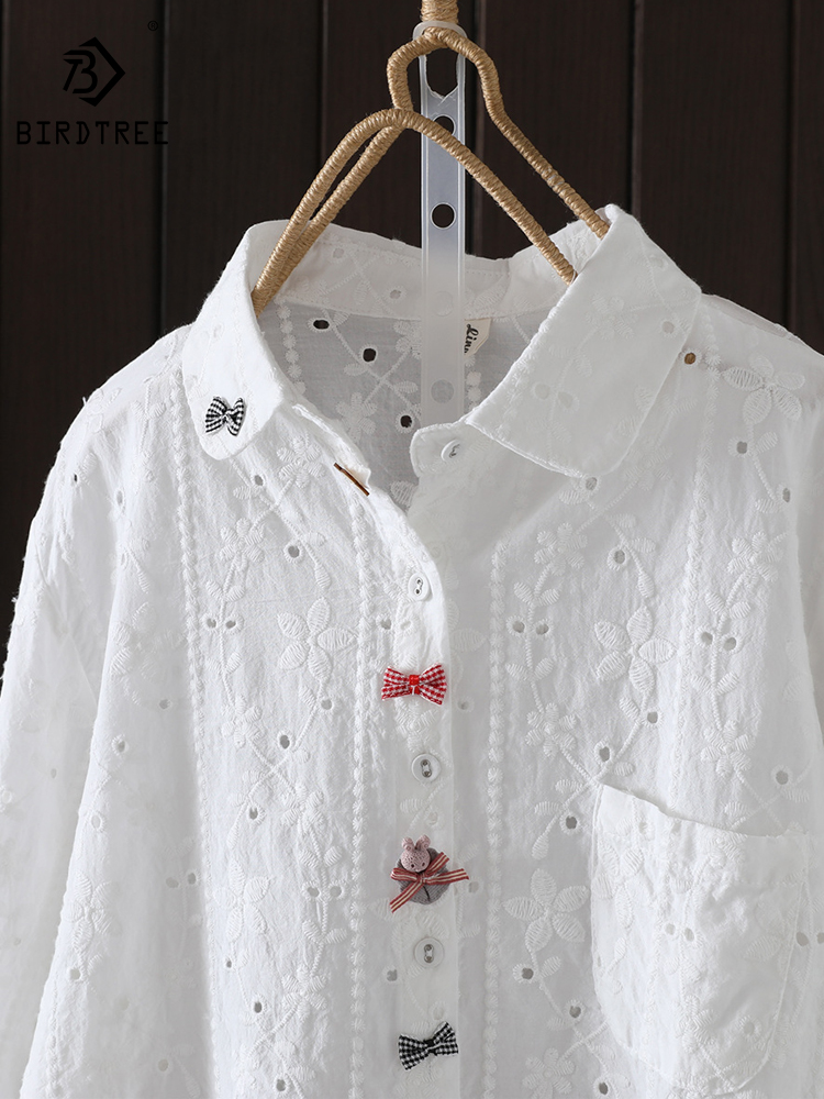 Nuove camicie ricamate in cotone autunnale da donna colletto con risvolto top con fiocco camicette larghe a maniche lunghe da ragazza riduzione dell'età primavera T39435QC