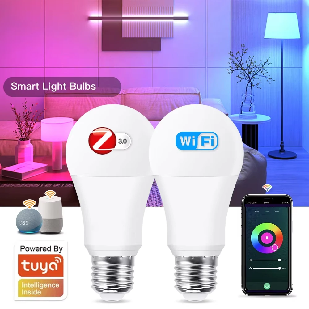 1 buah lampu Led rumah pintar Zigbee 18W 15W RGB + WW + CW E27 Tuya Wifi lampu Led kompatibel dengan Alexa Amazon Google Assistant