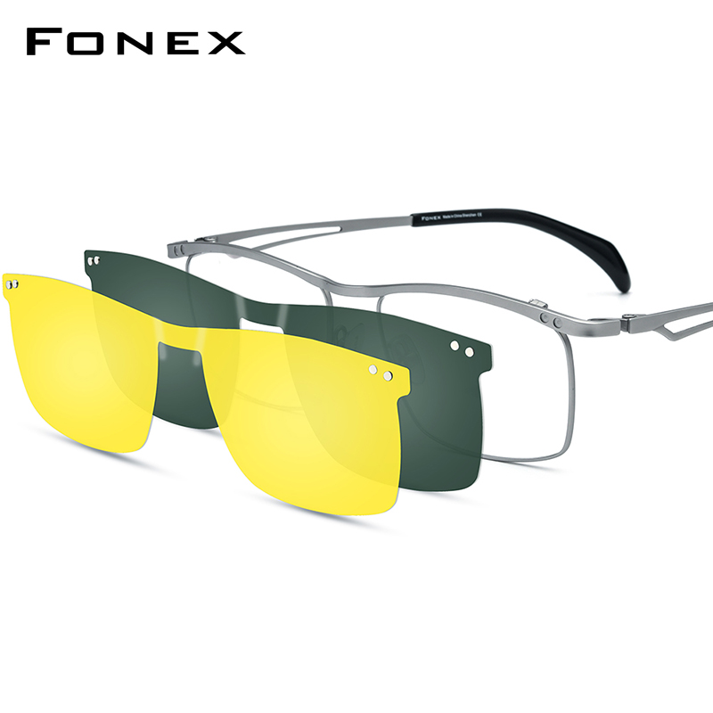 FONEX Titan-Brillengestell für Herren, quadratisch, Magnet-Clip, Nachtsicht und polarisierte Linse, japanische ultraleichte Brillen 85759