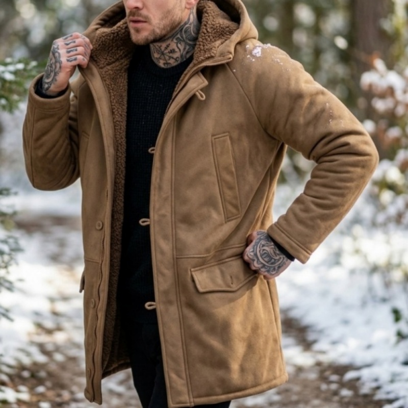 Herren-Fleecejacke mit Kapuze, neue Winterkollektion, mit Kunstfell gefütterter Mantel, winddichte Outdoor-Jacke, Jagd- und Wander-Windjacke