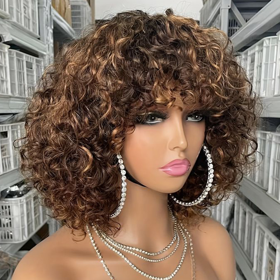 Début court Pixie Bob coupe perruques de cheveux humains avec frange Jerry bouclés pleine Machine perruque mettre en évidence miel blond couleur perruques pour les femmes