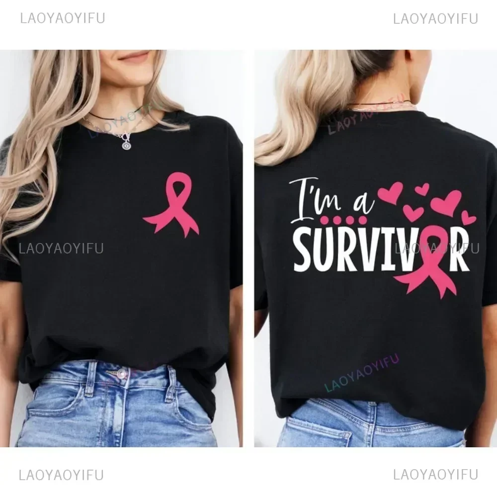 สีชมพูตุลาคมมะเร็งเสื้อยืด I Am A Survivor Cotton TShirt มะเร็งเต้านมริบบิ้นสีชมพูสุภาพสตรี Tee มะเร็ง Tops