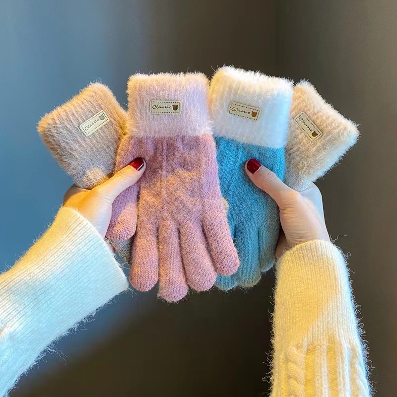 Guantes de ciclismo para mujer, manoplas cálidas de colores sólidos con pantalla táctil, forro polar grueso de punto para estudiantes, otoño e invierno, novedad
