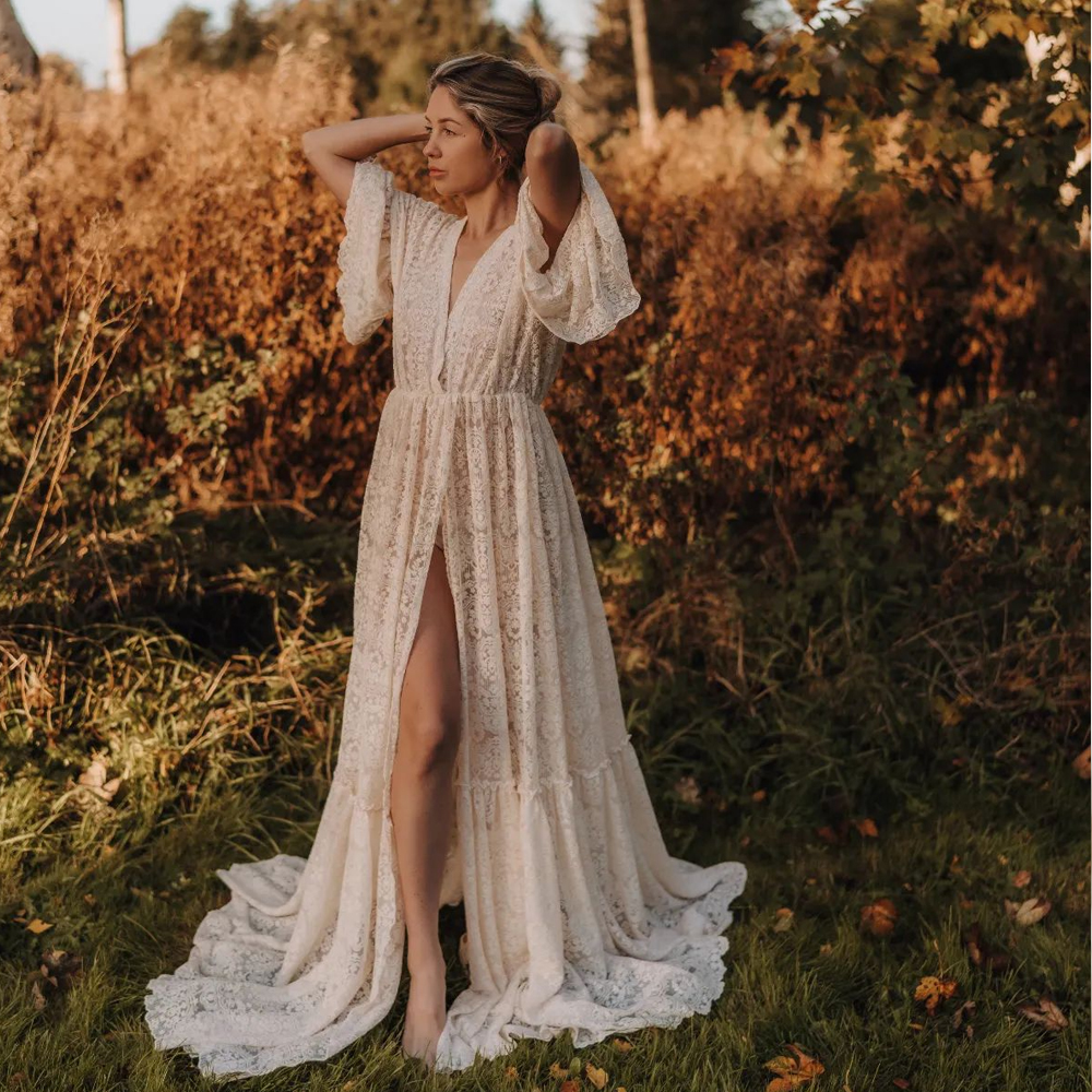 Boêmio sessão de fotos vestido de gravidez fio de algodão renda bordado malha transparente elegante decote em v vestido de manga comprida para wom