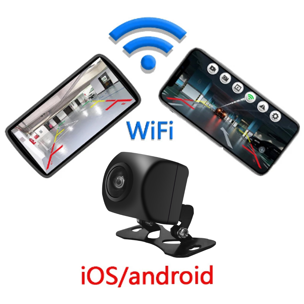 Câmera de visão traseira universal 1080P AHD sem fio para carro com visão noturna frontal à prova d'água WiFi invertendo para 2 Din Android iOS APP