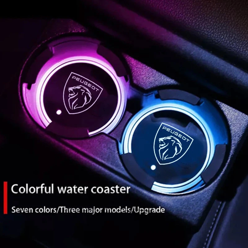 สำหรับ Peugeot 207 208 301 308 408 508 2008 3008 4008 GT RCZ ที่วางแก้วในรถยนต์แบบ LED 7 สี รุ่นใหม่ แผ่นรองแก้วเรืองแสง