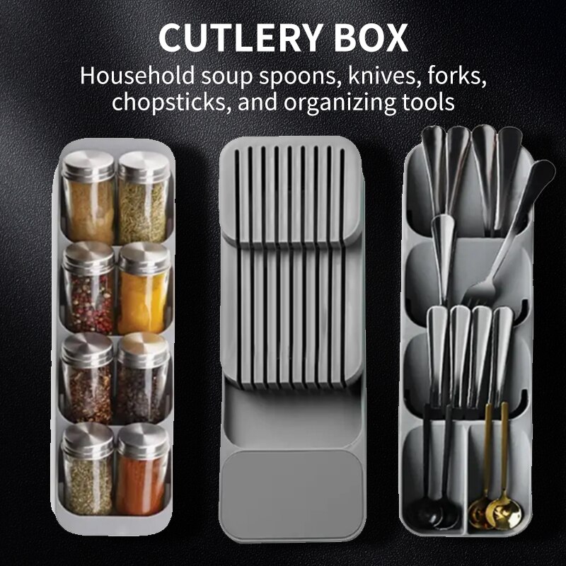 Bandeja de almacenamiento de cubiertos para cajón de cocina, soporte para cuchillos, cuchara, tenedores, organizador de vajilla, contenedor para botellas de especias, estante de bloque para cuchillos