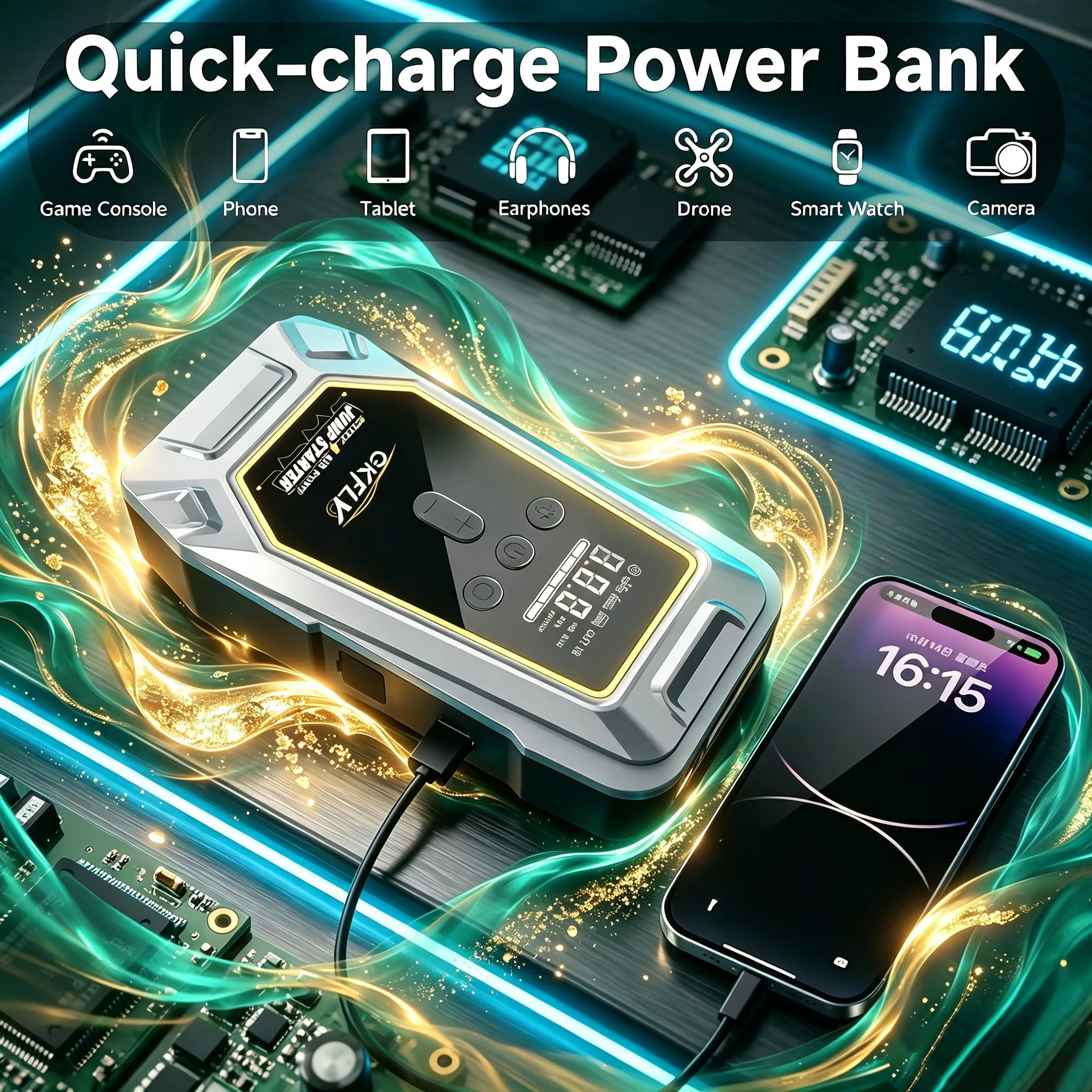 Arrancador de Coches de Emergencia 4000A/7000A de Pico, 24000mAh 88.8Wh, Compresor de Aire 150PSI, Inflador de Neumáticos, Potenciador de Batería de Emergencia 4 en 1 para Automóvil con Puerto USB Tipo-C, Linterna LED SOS de 3 Modos para Arranque de Emerg