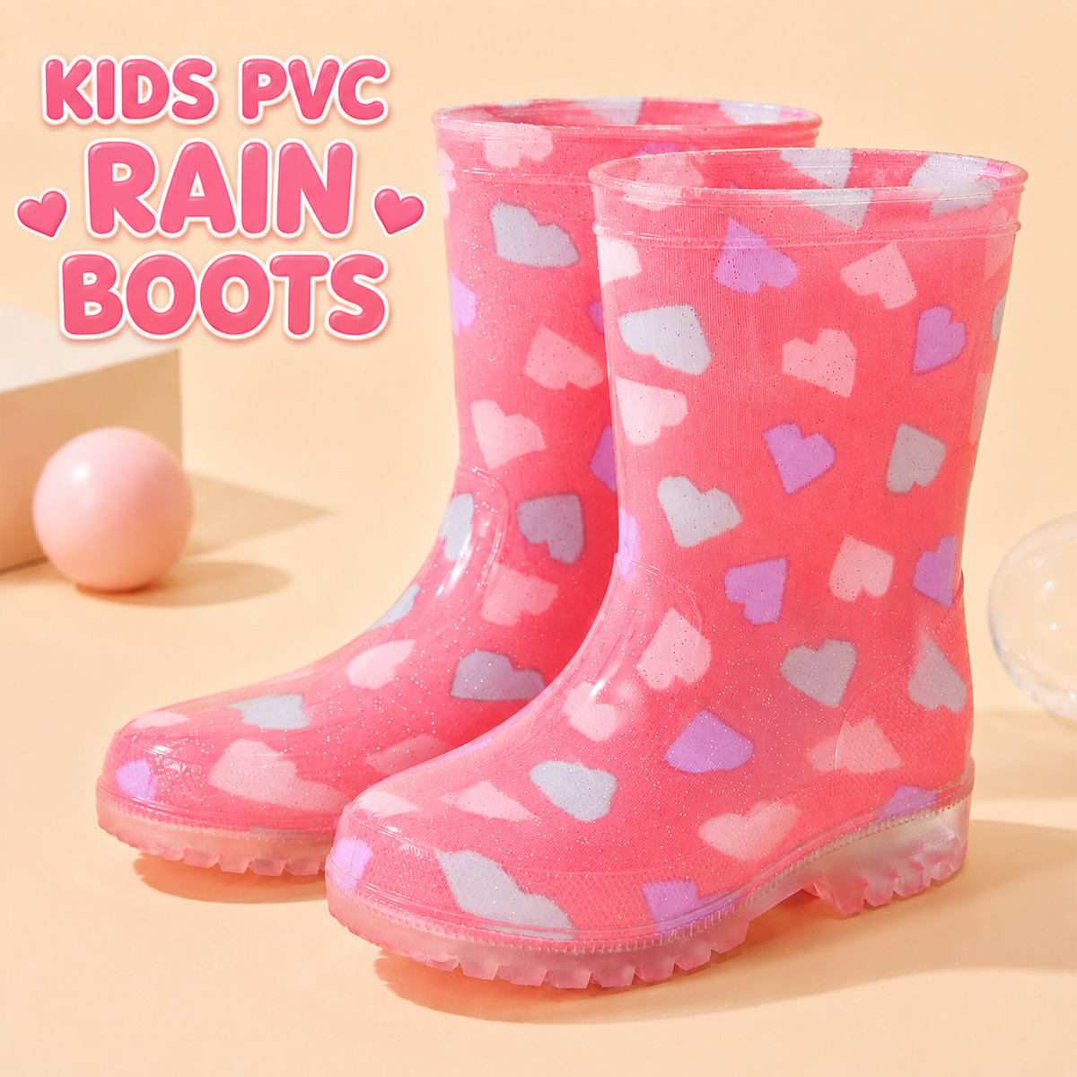 Niedliche Rosa Herzmuster Kleinkinder Regenstiefel Glitzernde Transparente Kinder-Wasserstiefel Outdoor-Galoschen
