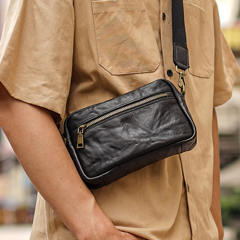 Aetoo bolsa de peito de couro genuíno original, bolsa de mão masculina de couro de um ombro, bolsa mensageiro simples de grande capacidade para celular