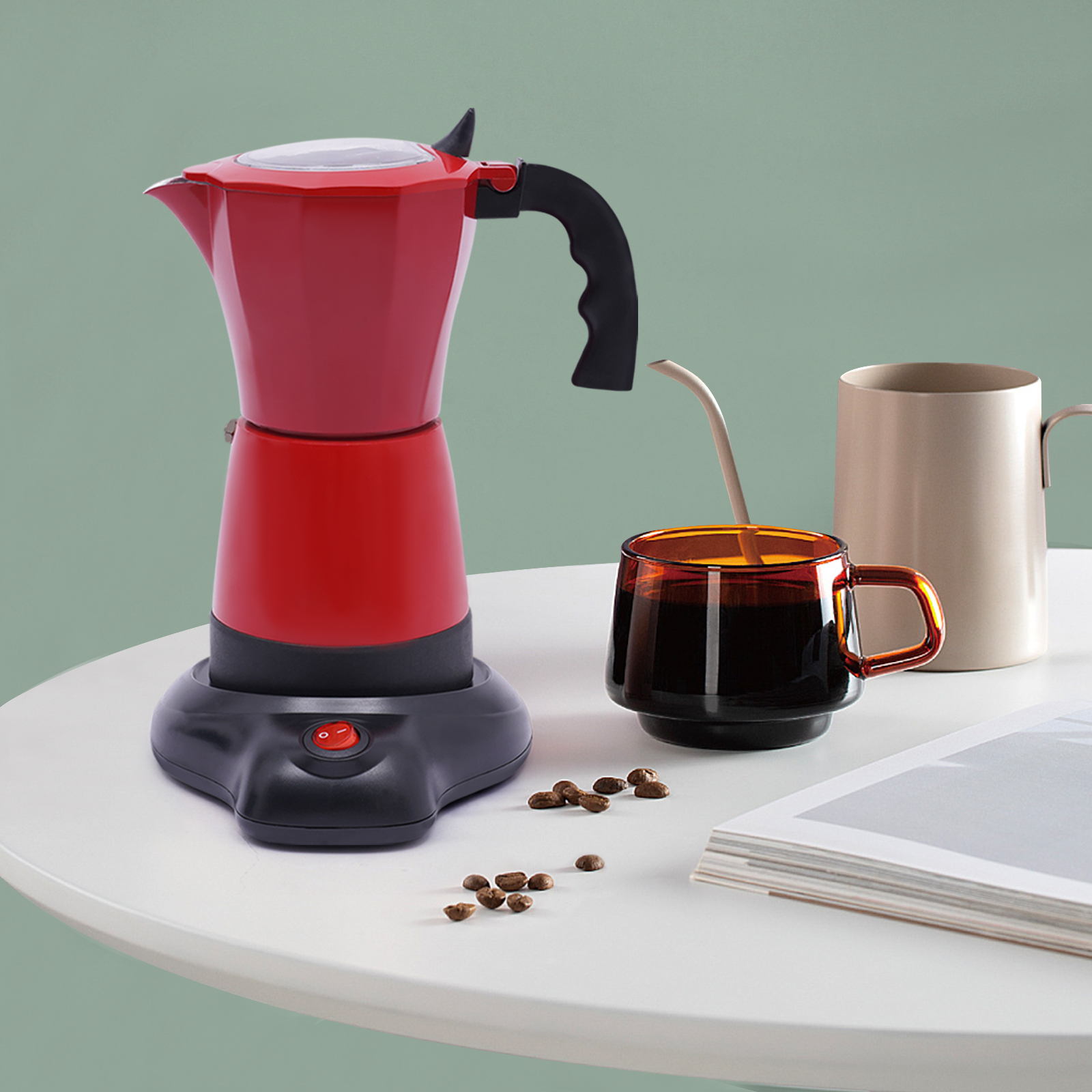 Klassieke Espressomachine, Mokkapot Voor Het Brouwen Van Italiaanse Café, 6 Kopjes 300 Ml Kookplaat Espressomachine, Rood