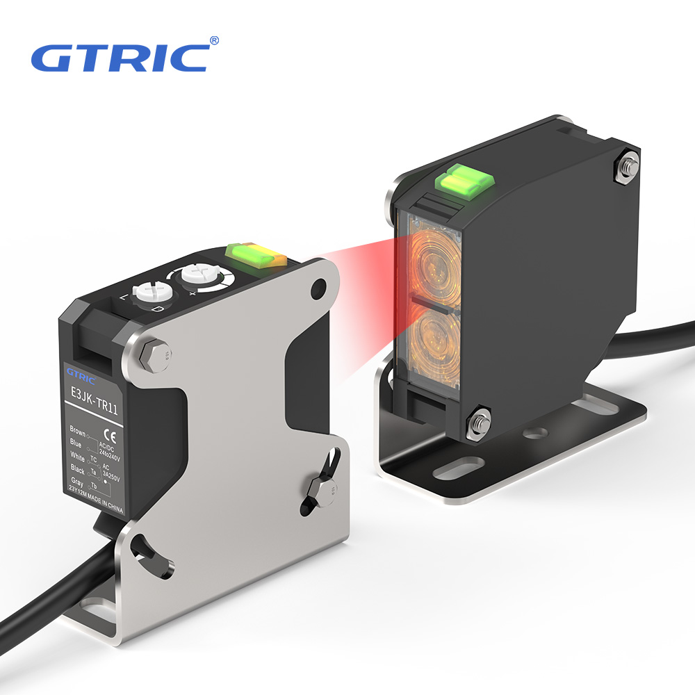 Capteur photoélectrique carré GTRIC E3JK-TR12, faisceau traversant 24-240V AC/DC, sortie relais universelle, commutateur photoélectrique diffusé