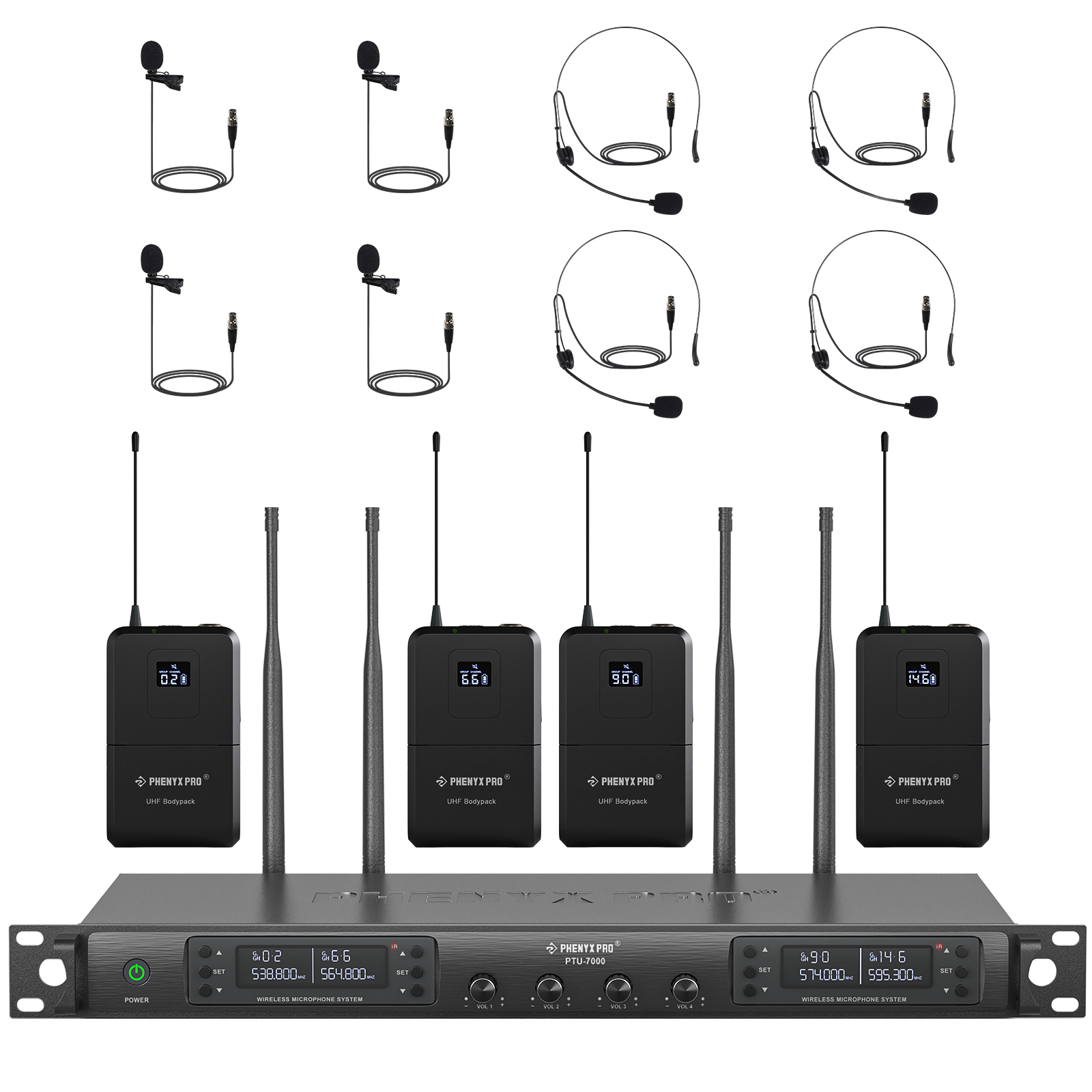 Phenyx Pro 4x40 Saluran Sistem Mikrofon Nirkabel Set Mikrofon Tanpa Kabel Pemindaian Otomatis Cakupan 328ft/m untuk DJ, Gereja, Acara PTU-7000