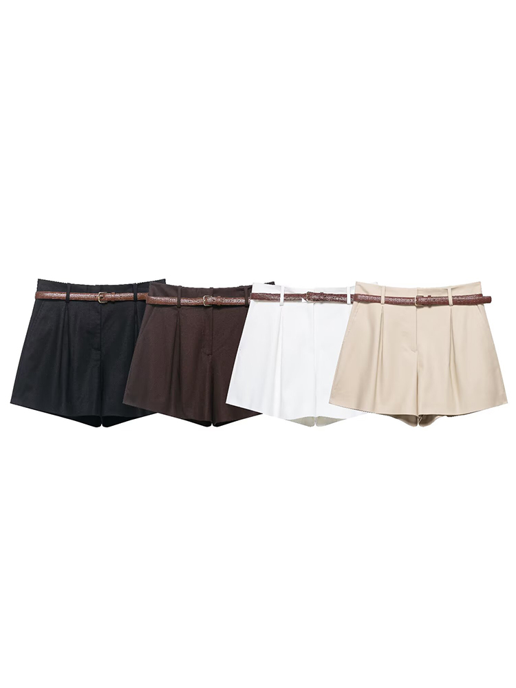 TFMLN Dames Zomer Casual Shorts Elegante hoge taille Rechte korte broek met riem Lente Nieuwe effen eenvoudige kleding voor woon-werkverkeer