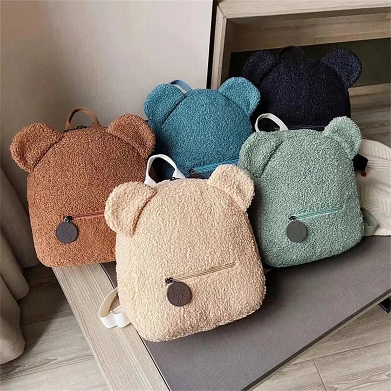 1 Stück Niedlicher Bärenohren-Fleece-Rucksack für Kinder Mädchen Lässiger Warmer Lammwoll-Tagesrucksack Schultasche Rucksack für Reisen und Einkaufen