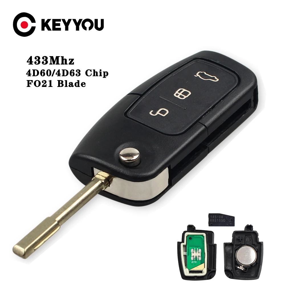 KEYYOU 3 Taste 433 MHZ 4D60 Chip Auto Fernbedienung Schlüssel Für Ford Fusion Focus Mondeo Fiesta Galaxy Automobil FO21 klinge Auto Flip Schlüssel