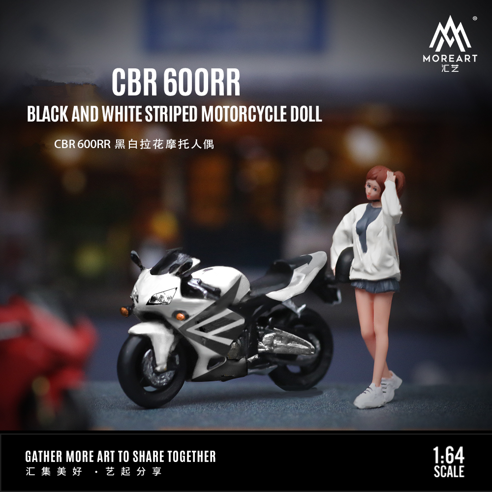 X-T 1:64 Cbr 600RR Conjunto de muñecas de motocicleta a rayas blancas y negras Modelo para exhibición, colección y regalo