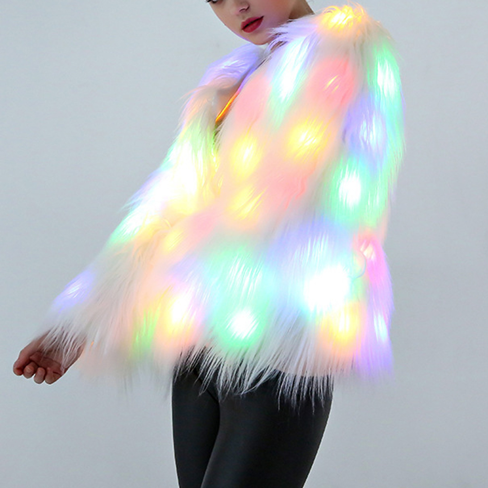 Abrigo navideño de piel sintética para mujer, chaqueta con luz LED, para escenario, Rave